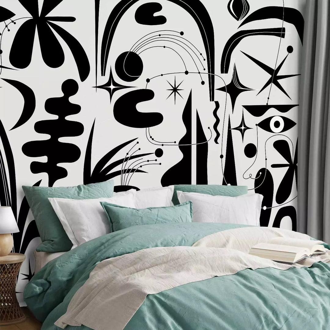 Abstraktas fototapetes, melnas, ģeometriskas un ziedu formas G-ART