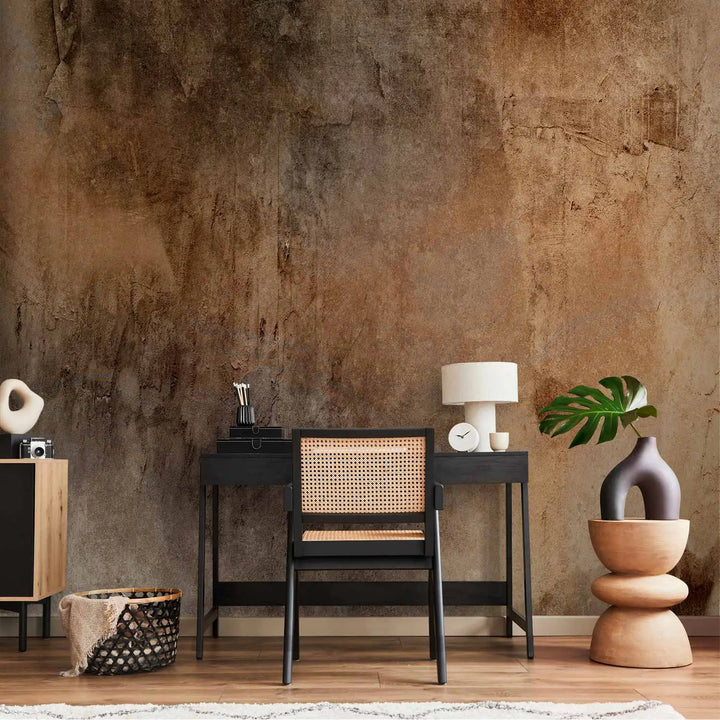 Artistic wallpaper with an aged plaster and stone wall effect in brown tones - for the living room