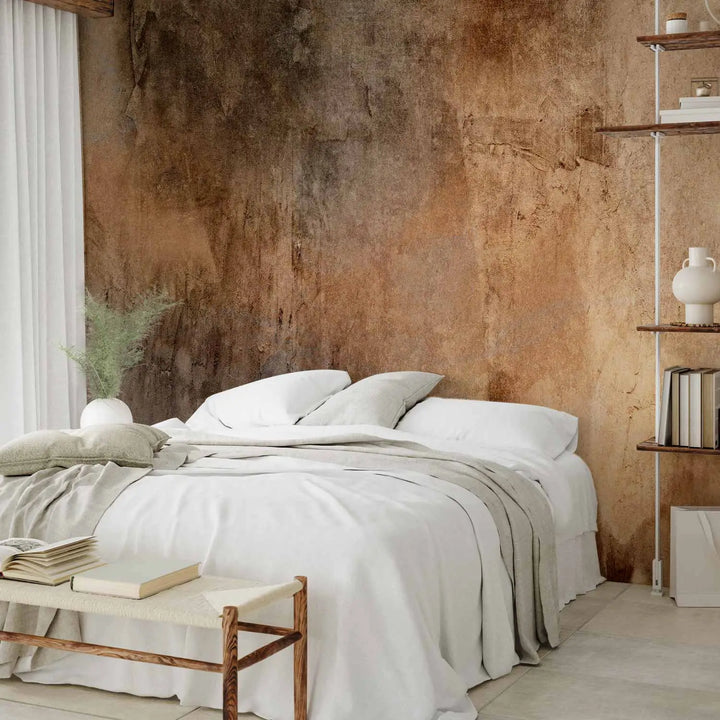 Artistic photo wallpaper with an aged plaster and stone wall effect in brown tones - for the bedroom