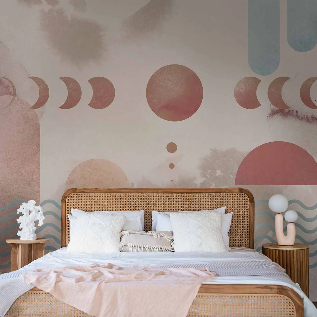 Abstract wall mural featuring moon phase symbols, wavy motifs, and geometric arches in terracotta, beige, and muted blue tones on a watercolor-textured background.