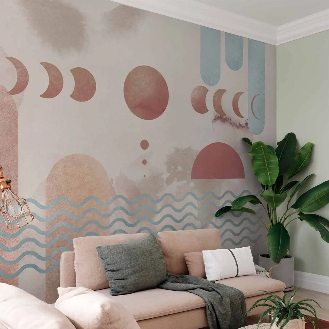 Abstract wallpaper featuring moon phase symbols, wavy motifs, and geometric arches – a boho-style accent on the wall