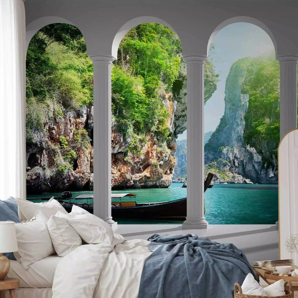 Fototapetes - Ainava ar augstām klintīm aiz kolonnām, 134415 Tapetenshop.lv