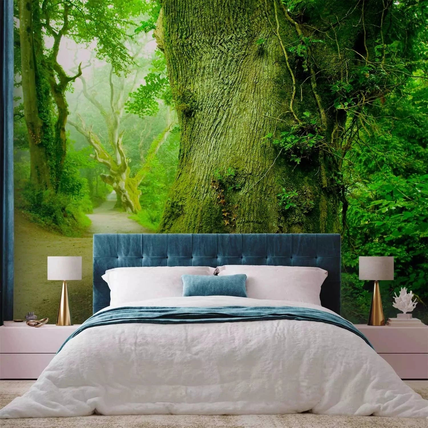 Fototapetes - Ainava ar ceļu, ko ieskauj koki ar zaļām lapām G-ART