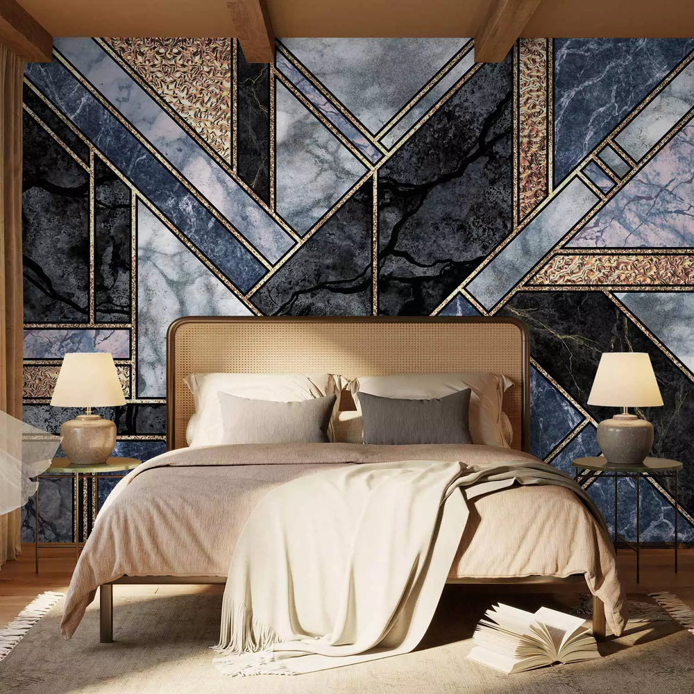 Fototapetes art deco flīzes rakstu, melna, zila, pelēka, zelta krāsa G-ART