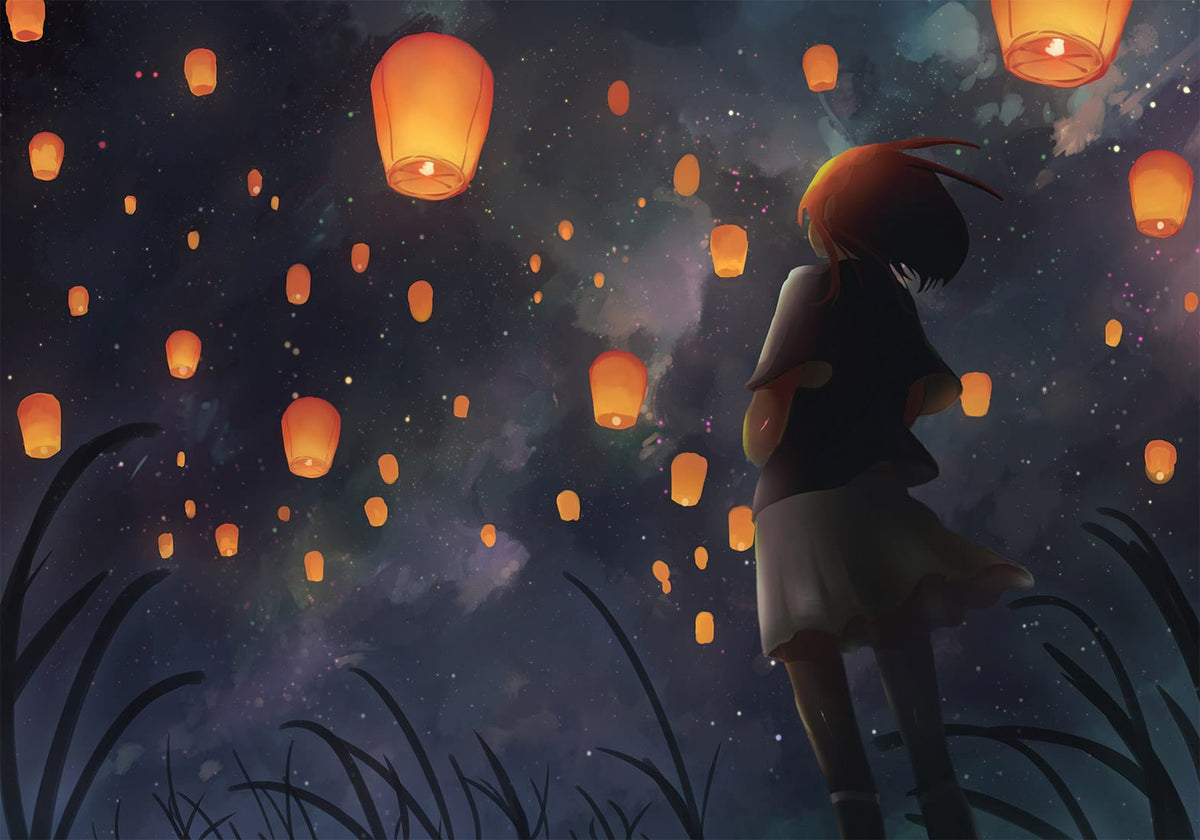 Pasakaina anime stila fototapete ar meitenes siluetu zvaigžņotā nakts debesu ainavā ar mirdzošām lidojošām laternām