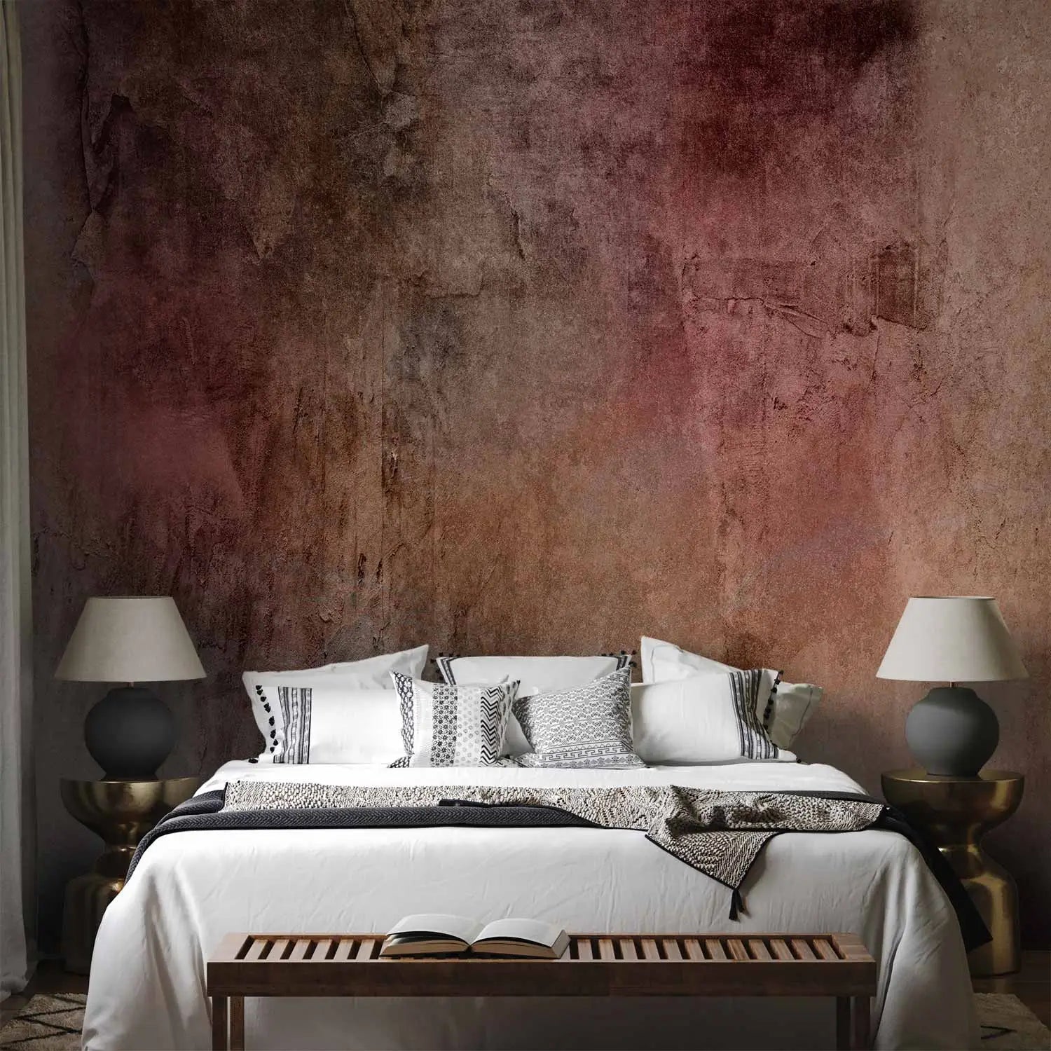 Artistic photo wallpaper with a decorative plaster effect in shades of pink, burgundy, and brown, imitating an authentic old wall with rich texture and color transitions.