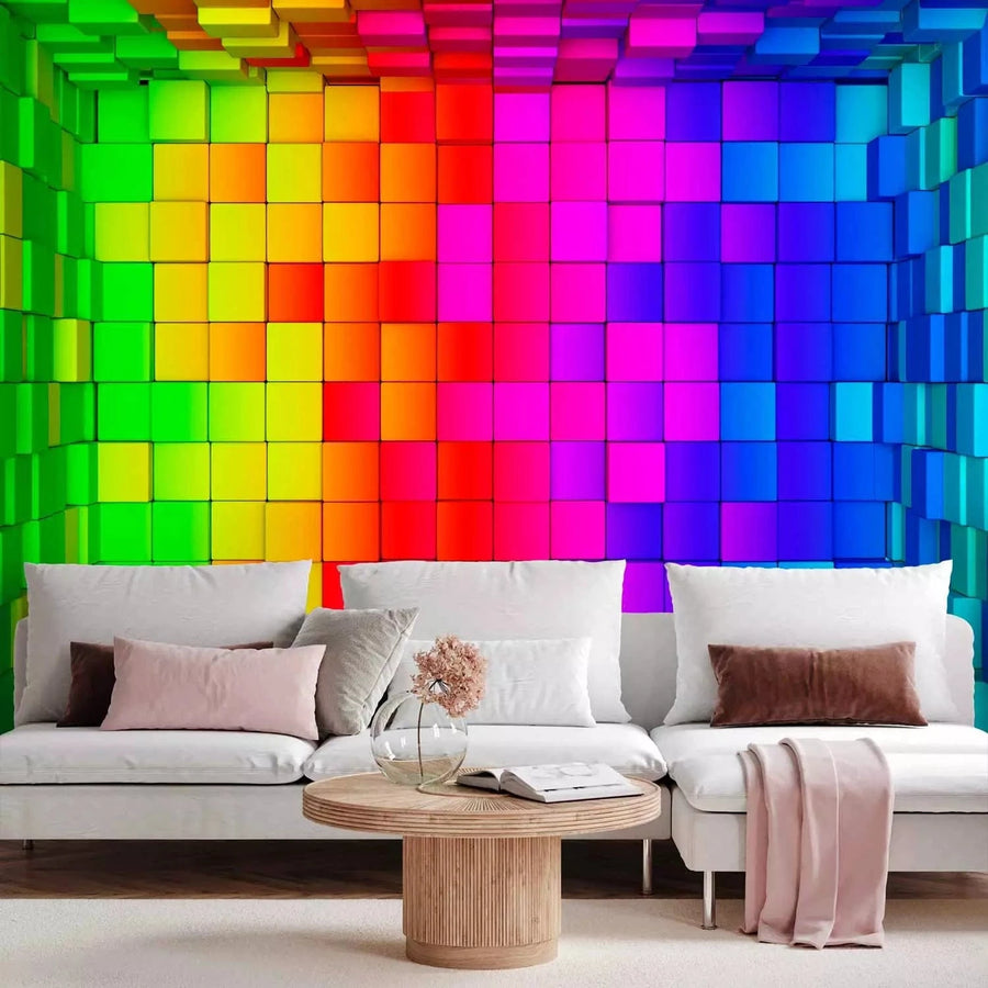 Fototapetes ar 3D optisku ilūziju - Varavīksnes kubs, 88775 Tapetenshop.lv