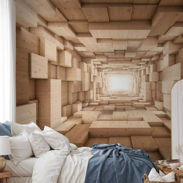 Fototapetes ar 3D rakstu un perspektvu - Koka tunelis, bēšā G-ART