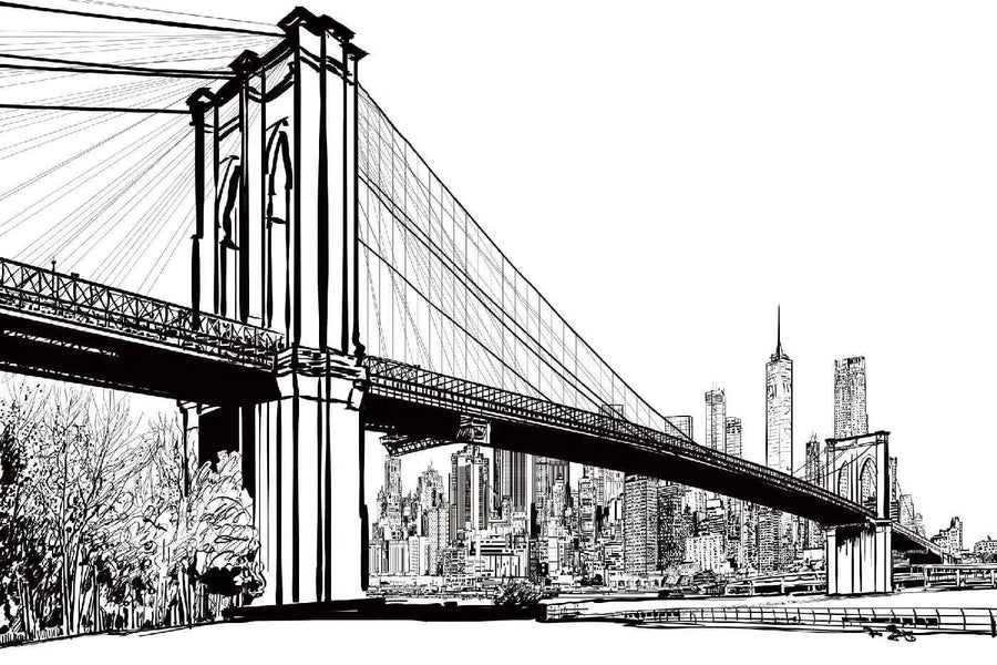Fototapetes ar ASV tematiku - Bruklinas tilta ilustrācija,  melnbaltas D-ART