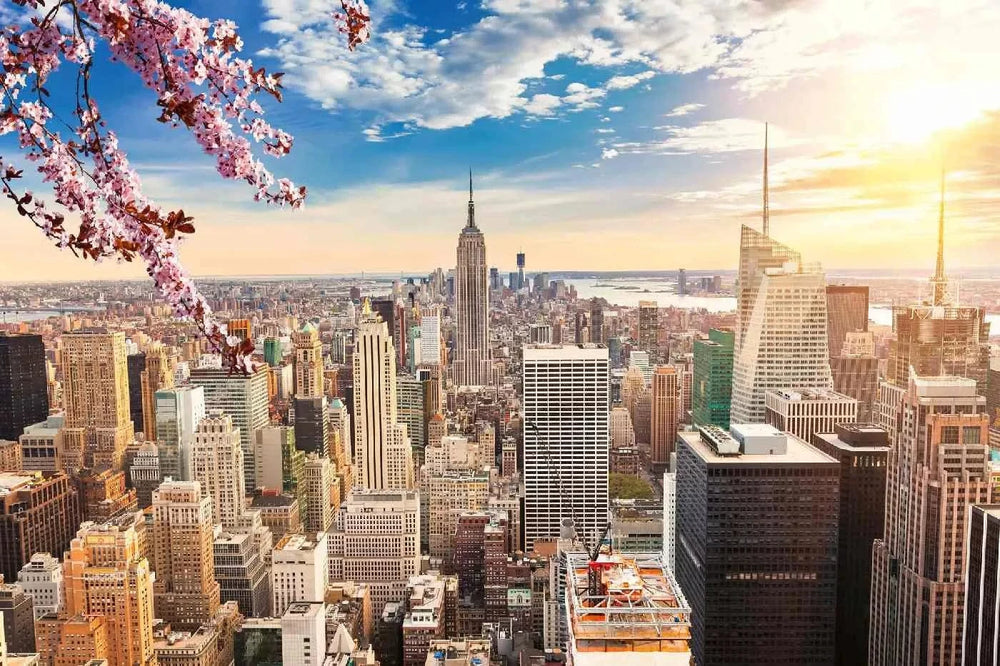 Fototapetes ar ASV tematiku - Manhattana saulrietā, zila, beša D-ART