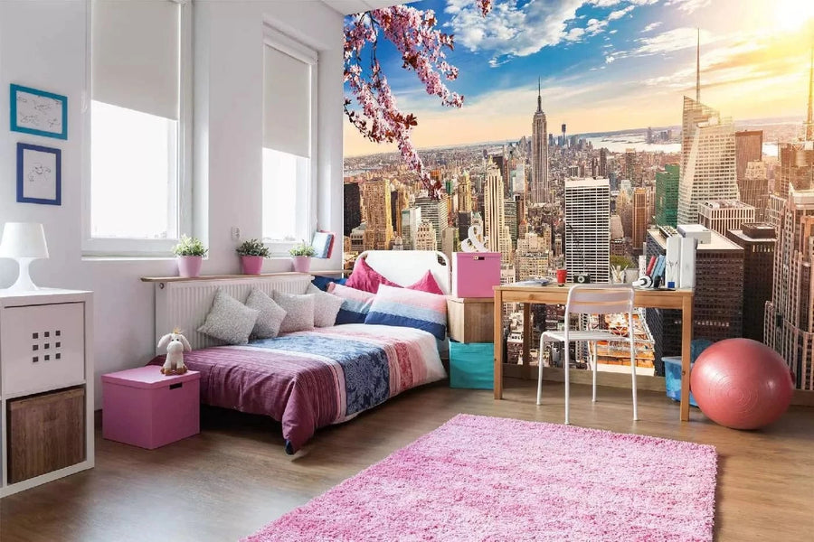Fototapetes ar ASV tematiku - Manhattana saulrietā, zila, beša D-ART