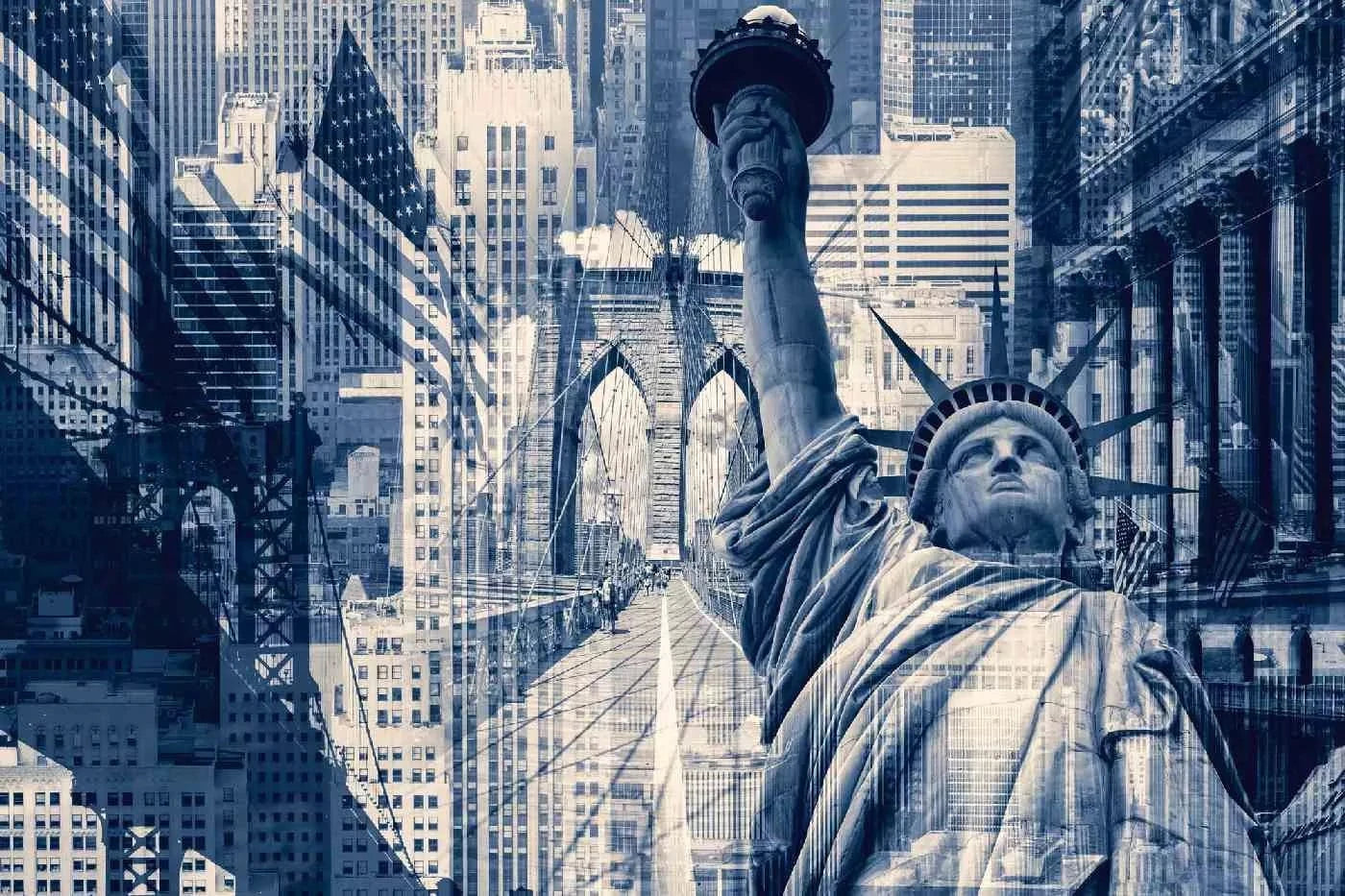 Fototapetes ar ASV tematiku - Ņujorkas kolāža, zilā krāsā D-ART