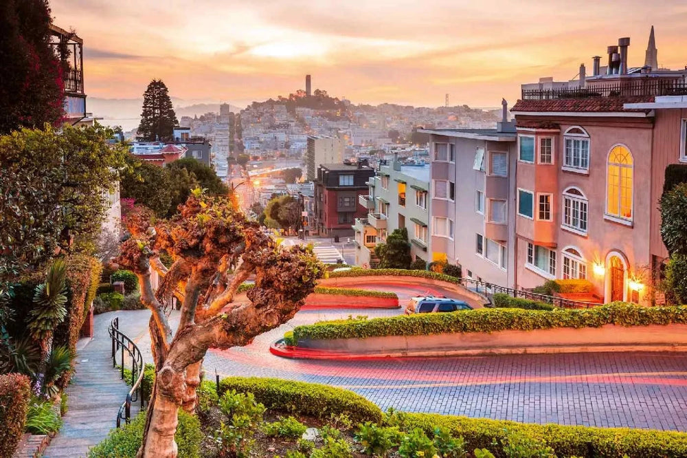 Fototapetes ar ASV tematiku - Sanfrancisko saullēkts, bēša un oranža D-ART