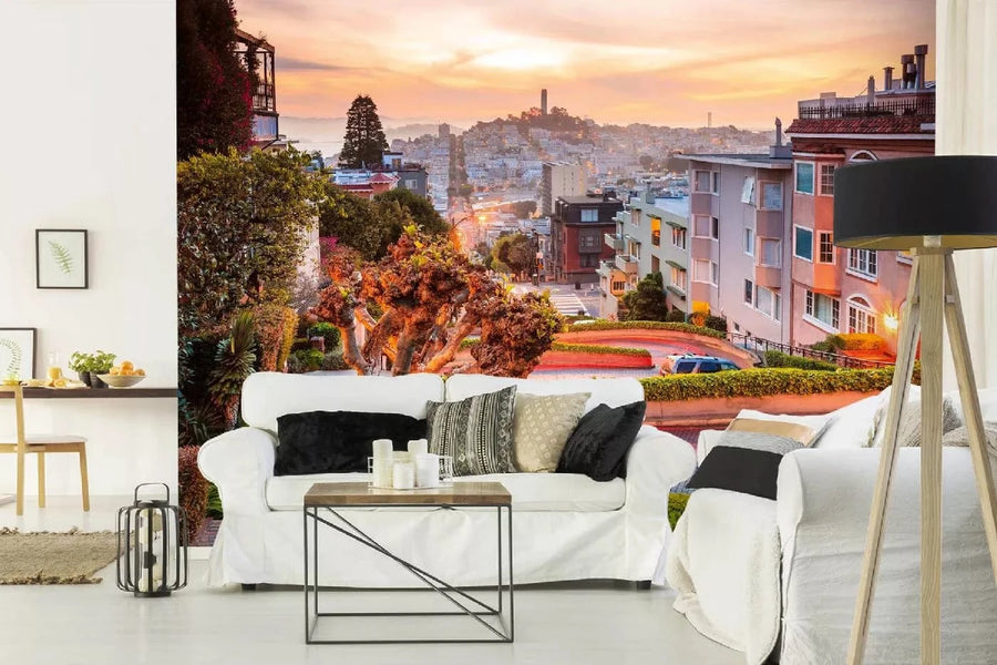 Fototapetes ar ASV tematiku - Sanfrancisko saullēkts, bēša un oranža D-ART