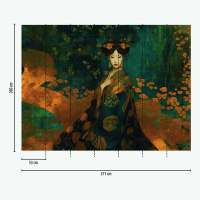 Valokuvatapetti Itämainen tyyli, jossa nainen perinteisessä japanilaisessa asussa, 371 x 280 cm. AS Creation