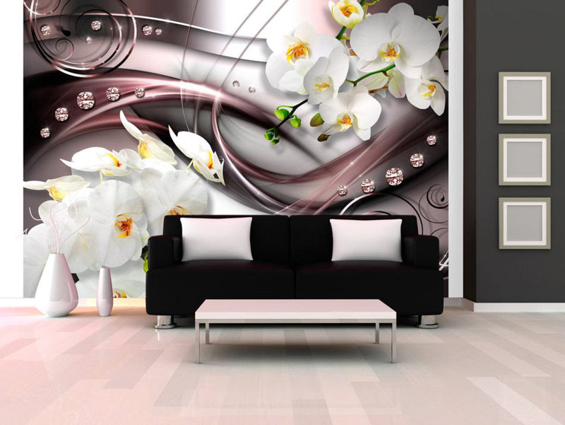 Fototapetes ar baltam orhidejām uz abstrakta brūna fona - 60106 G-ART