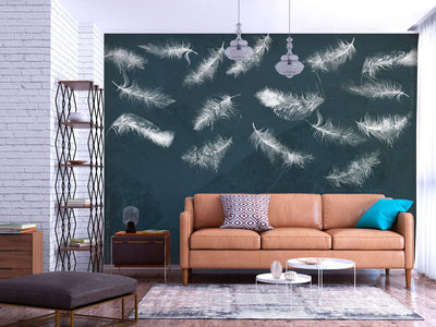 Wall Murals with white feathers on dark blue background, 142640 G-ART