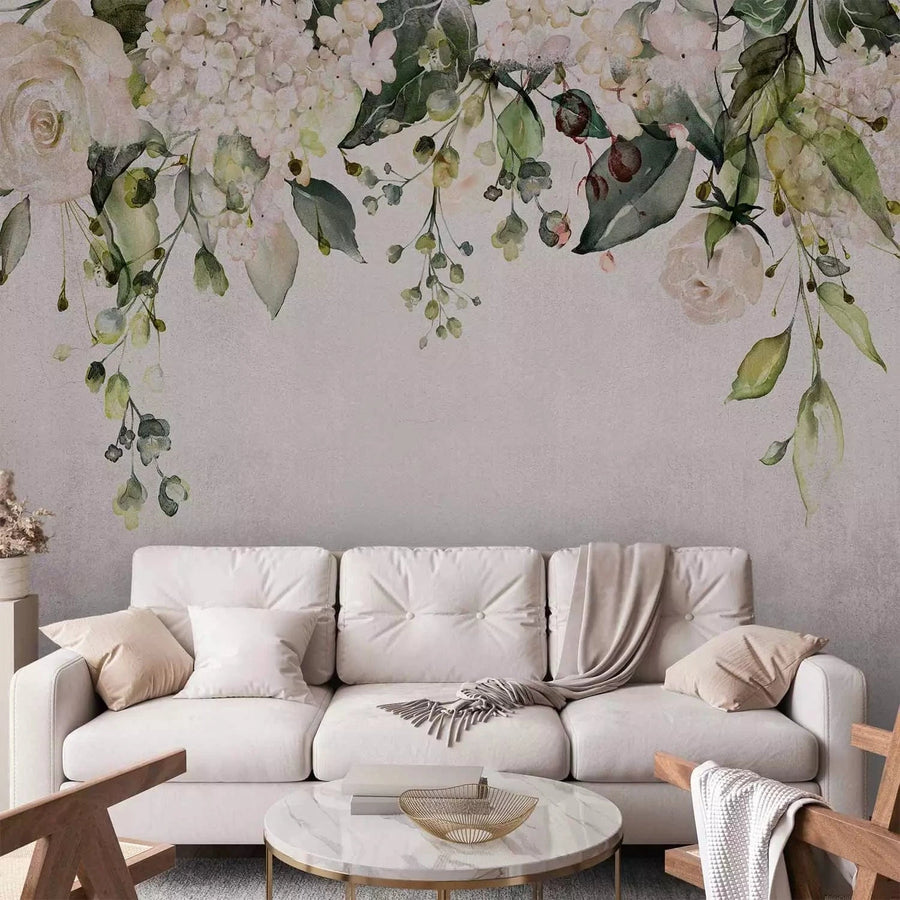 Fototapetes ar baltiem ziediem un zaļām lapām - Maģiskā flora G-ART