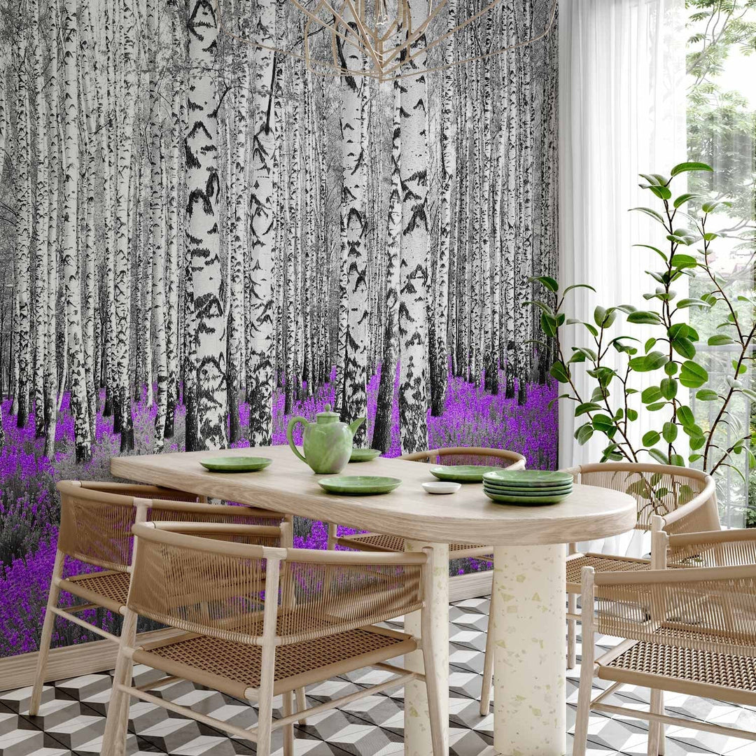 Fototapetes ar bērziem - Abstrakta meža ainava- Violeta mežs - 60531 G-ART