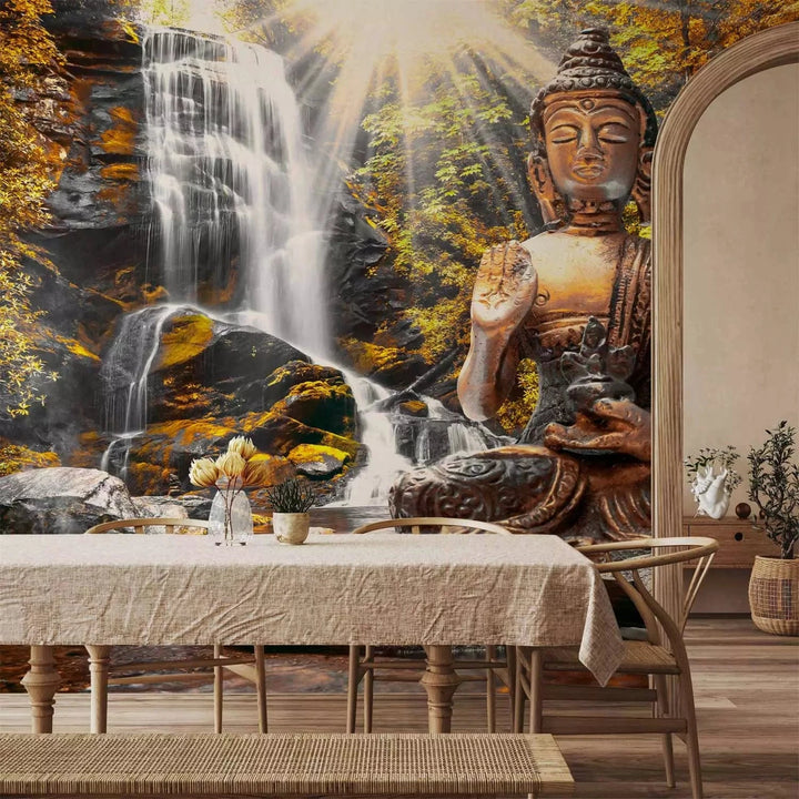 Fototapetes ar Budu un ūdenskritumu - Zelta klusums - feng šui G-ART