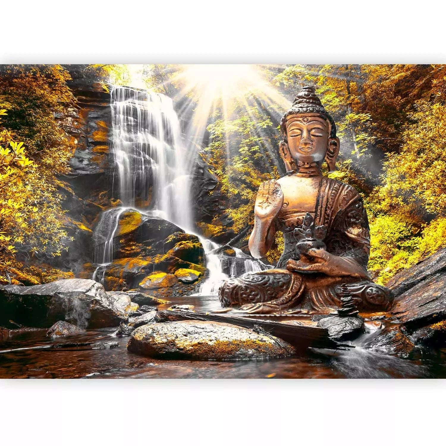 Fototapetes ar Budu un ūdenskritumu - Zelta klusums - feng šui G-ART