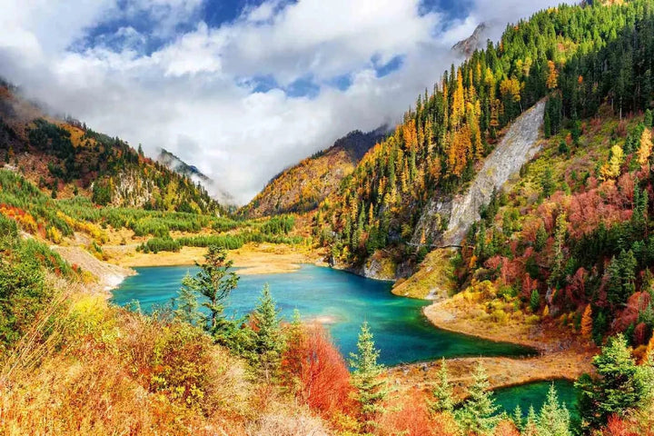Fototapetes ar dabu - Rudens ainava un ezers, zilā, zaļā krāsā D-ART