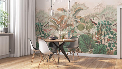 Wall Murals with tropical leaves of different sizes: beige, green, RASCH, 2045672, 265x265 cm RASCH