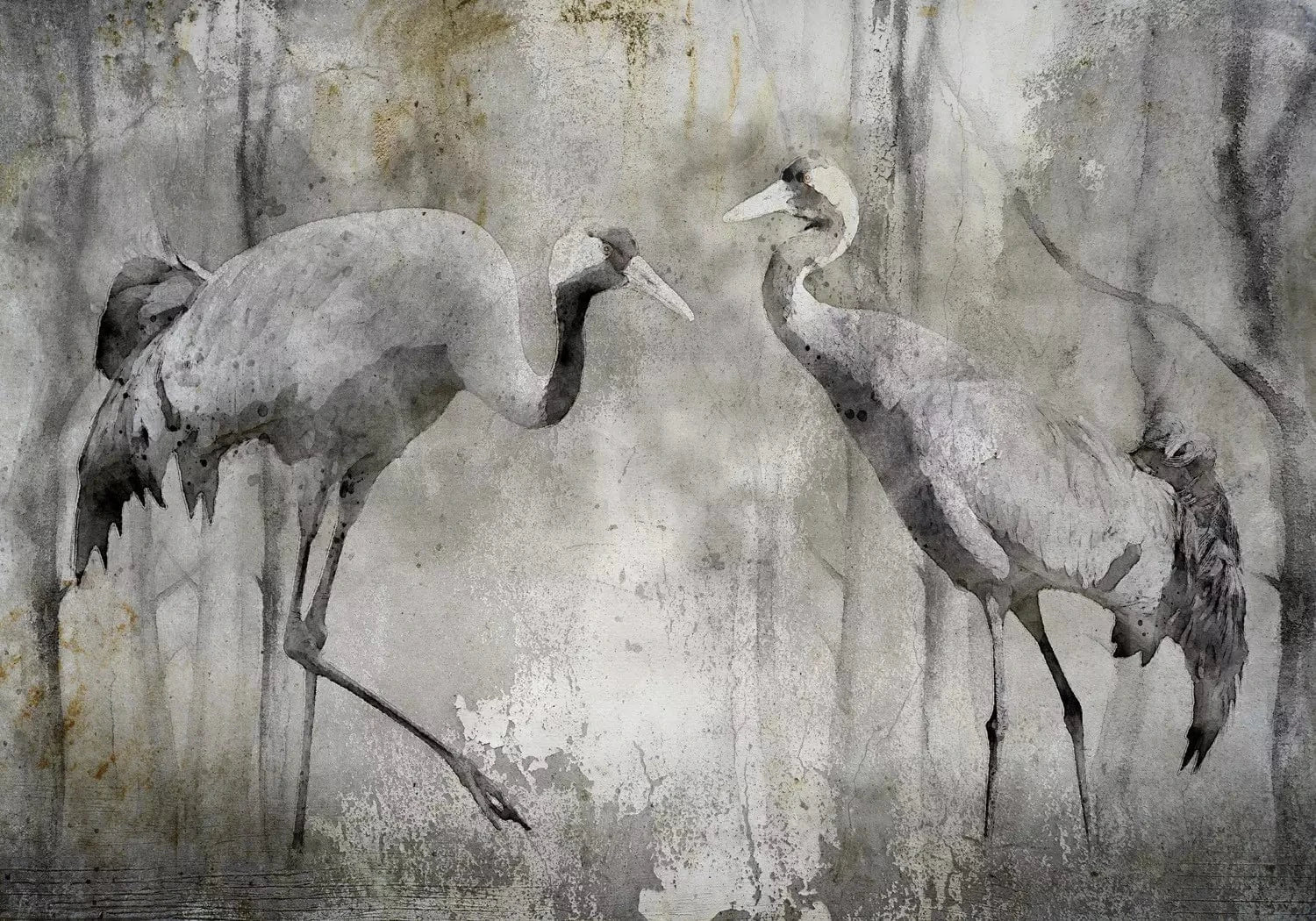 Fototapetes ar dzērvēm pelēkos toņos vintāža stilā - austrumu stils G-ART