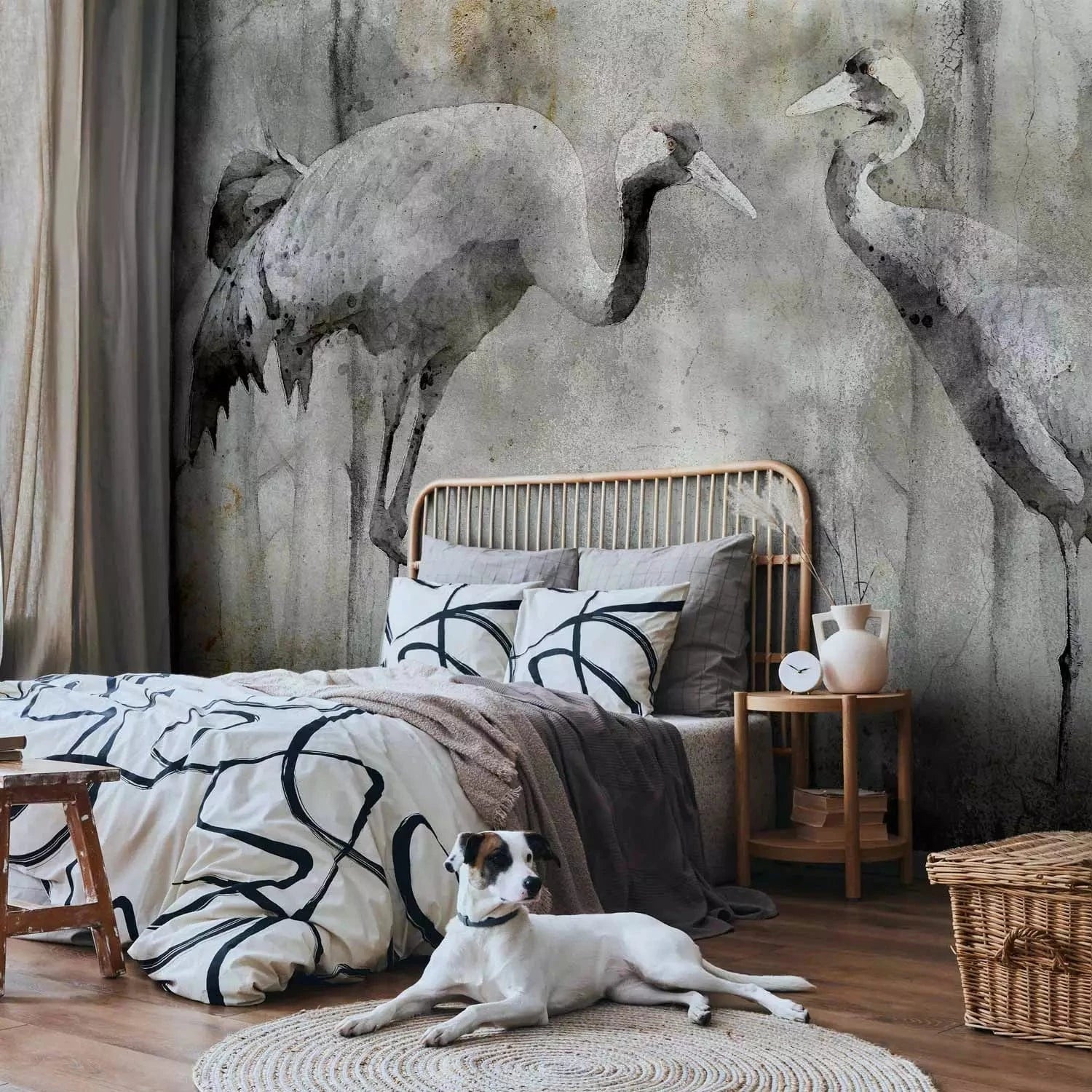 Fototapetes ar dzērvēm pelēkos toņos vintāža stilā - austrumu stils G-ART