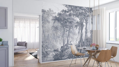 Wall Murals with jungle and palm trees in grey, RASCH, 2045776, 371x300 cm RASCH