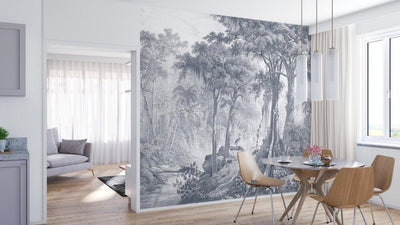 Fototapetes ar džungļiem un palmām pelēkā krāsā, RASCH, 2045776, 371x300 cm RASCH