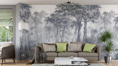 Wall Murals with jungle and palm trees in grey, RASCH, 2045776, 371x300 cm RASCH