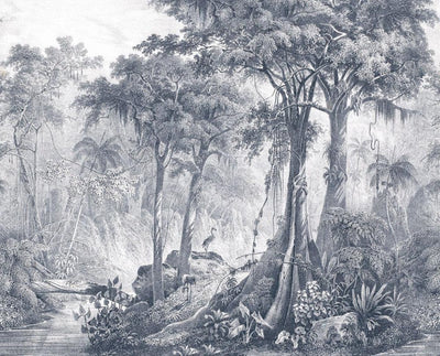 Valokuvatapetti viidakko ja palmupuut harmaana, RASCH, 2045776, 371x300 cm RASCH