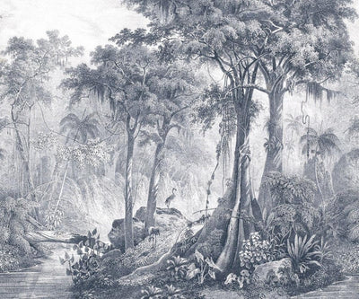 Valokuvatapetti viidakko ja palmuja harmaan sävyissä, RASCH, 2046017, 318x265 cm RASCH