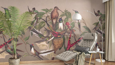 Wall Murals with exotic birds, brown, green, RASCH, 2045527, 265x265 cm RASCH
