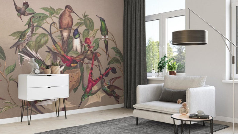 Wall Murals with exotic birds, brown, green, RASCH, 2045527, 265x265 cm RASCH