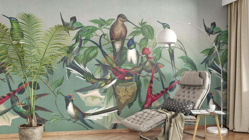 Wall Murals with exotic birds, green, RASCH, 2045470, 318x300 cm RASCH