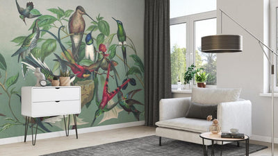 Wall Murals with exotic birds, green, RASCH, 2045470, 318x300 cm RASCH