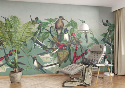 Wall Murals with exotic birds, green, RASCH, 2045477, 265x265 cm RASCH