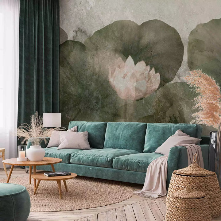 Fototapetes ar freskas imitāciju uz ziedu rakstu - zaļa, roza G-ART