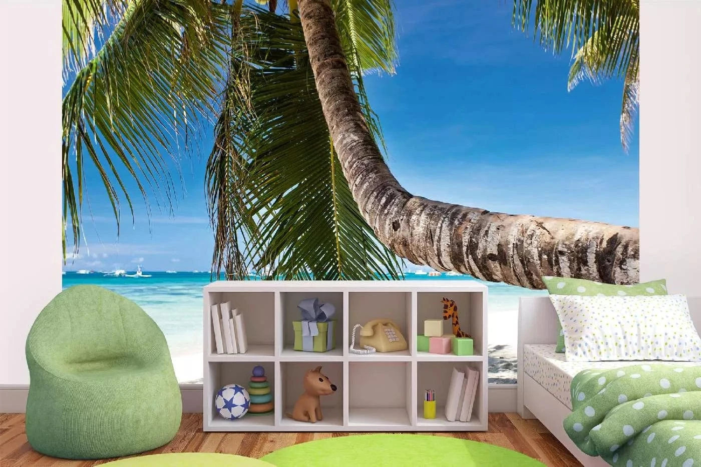 Fototapetes ar jūras skatu - Palma uz tropiskas pludmales, zilos toņos D-ART