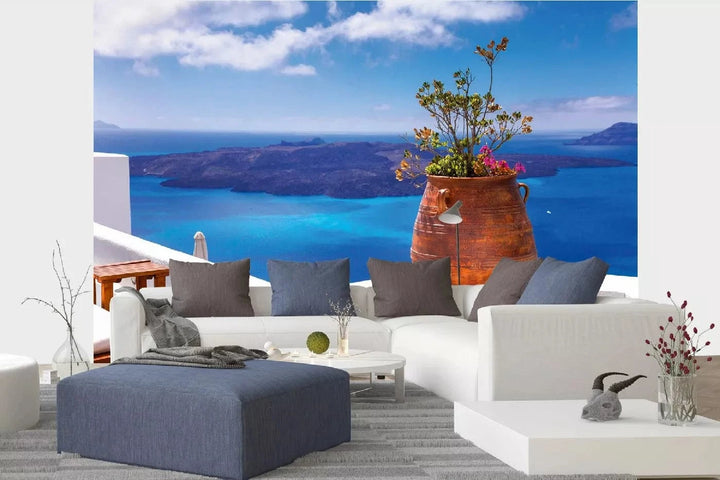 Fototapetes ar jūras skatu - Santorini sala, Grieķija, zilā krāsā D-ART