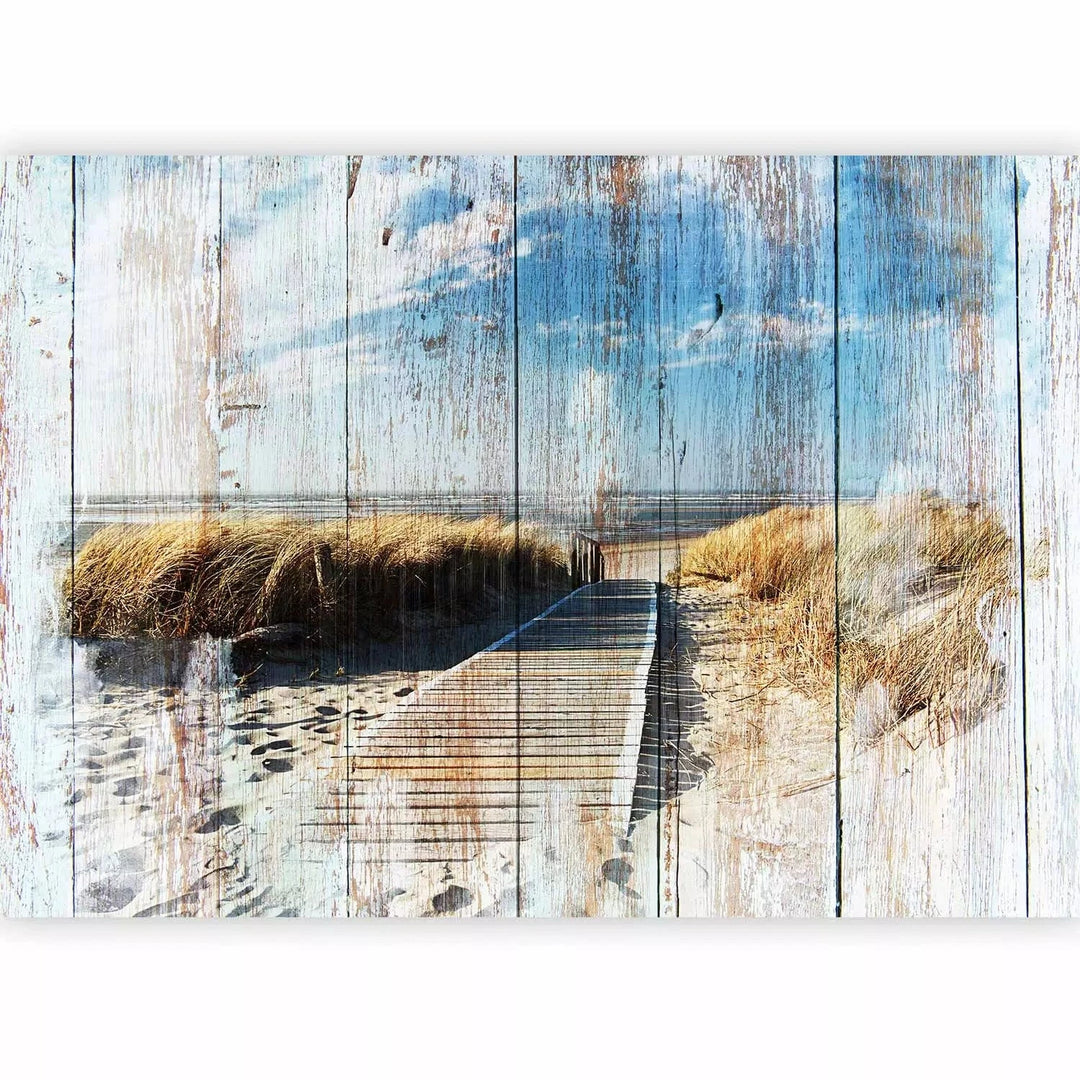 Fototapetes ar jūru - smilšaina pludmale un jūra uz koka fona G-ART