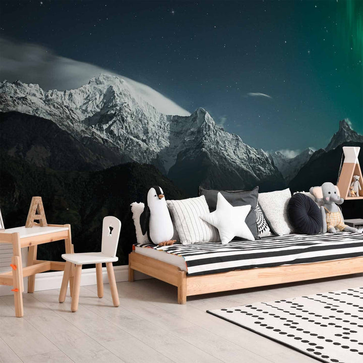 Fototapetes - Sniegota kalnu ainava ziemas naktī ar kosmosu fonā, 59850 G-ART