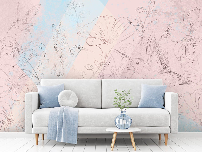 Wall Murals with hummingbirds - Hummingbirds in the Meadow (pink), 142635 G-ART