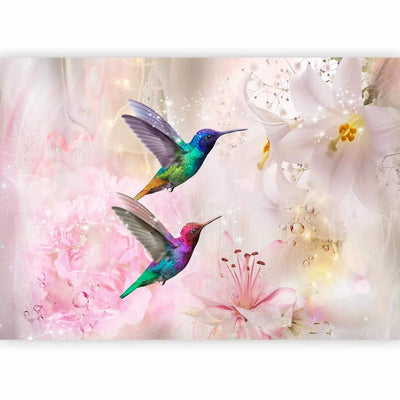 Fototapetes - Krāsainie kolibri, kas vāc nektāru no liliju ziediem G-ART