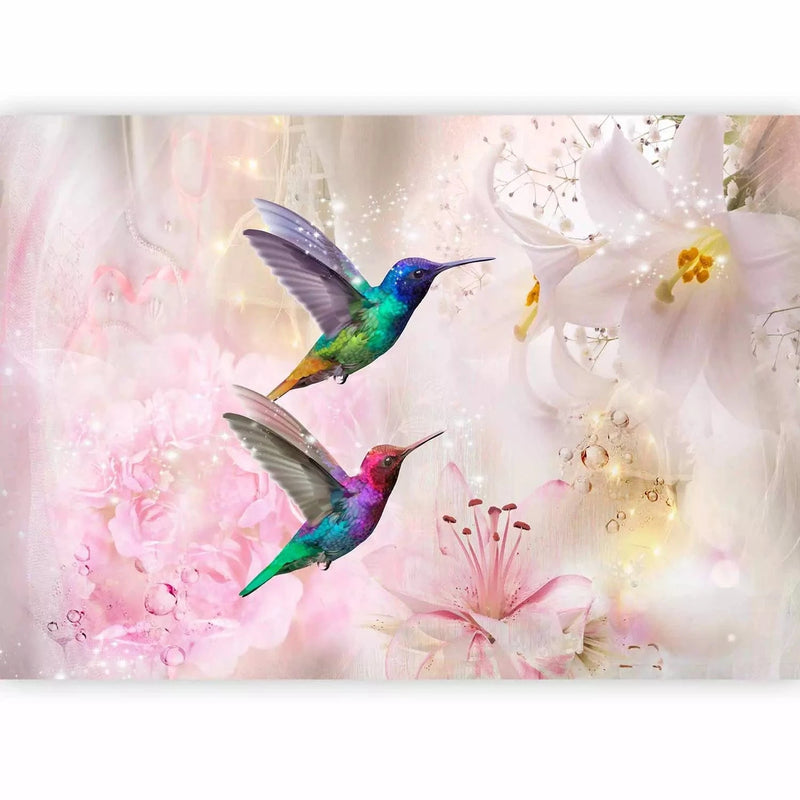Fototapetes - Krāsainie kolibri, kas vāc nektāru no liliju ziediem G-ART