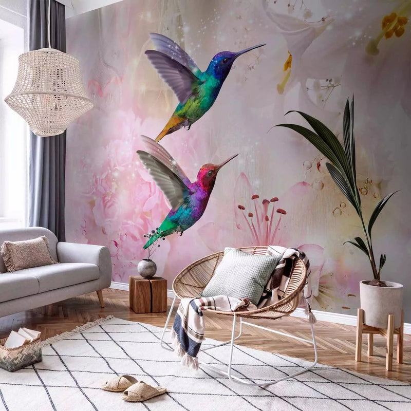 Fototapetes - Krāsainie kolibri, kas vāc nektāru no liliju ziediem G-ART