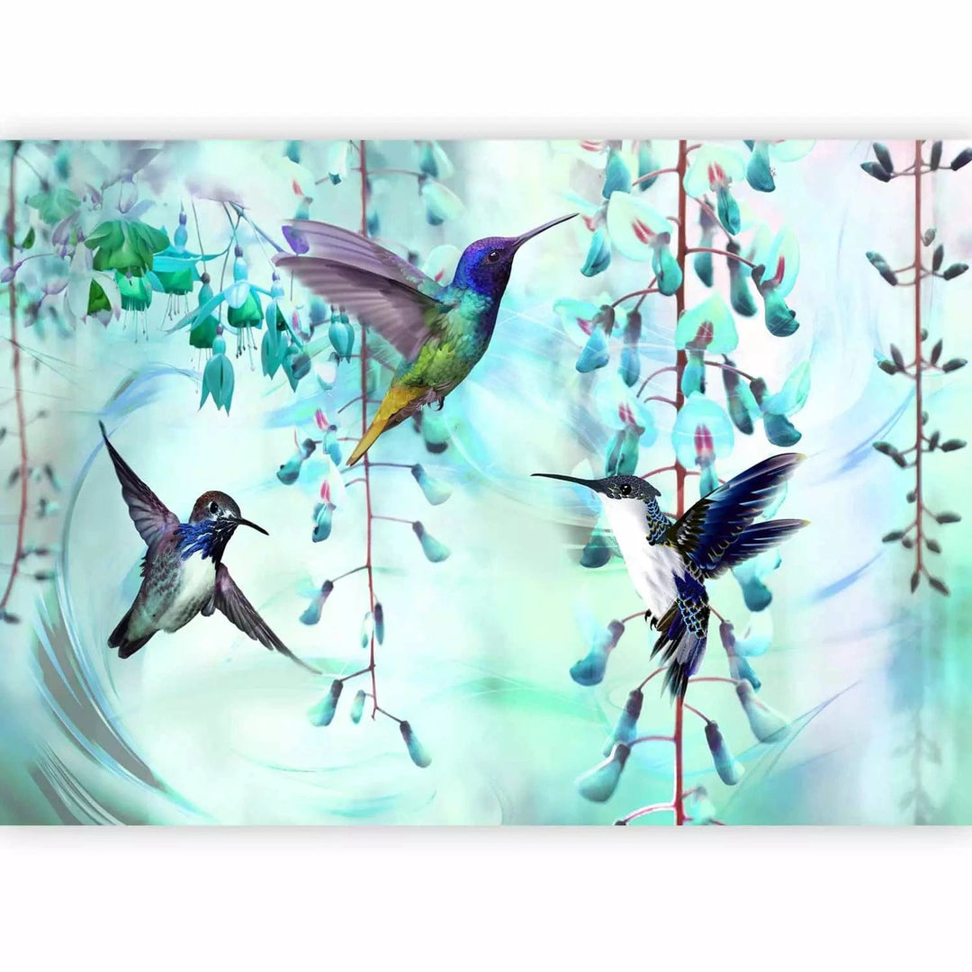 Fototapetes ar kolibri uz tirkīza fona - Lidojošie kolibri - viesistabai G-ART