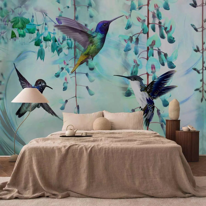 Fototapetes ar kolibri uz tirkīza fona - Lidojošie kolibri - viesistabai G-ART